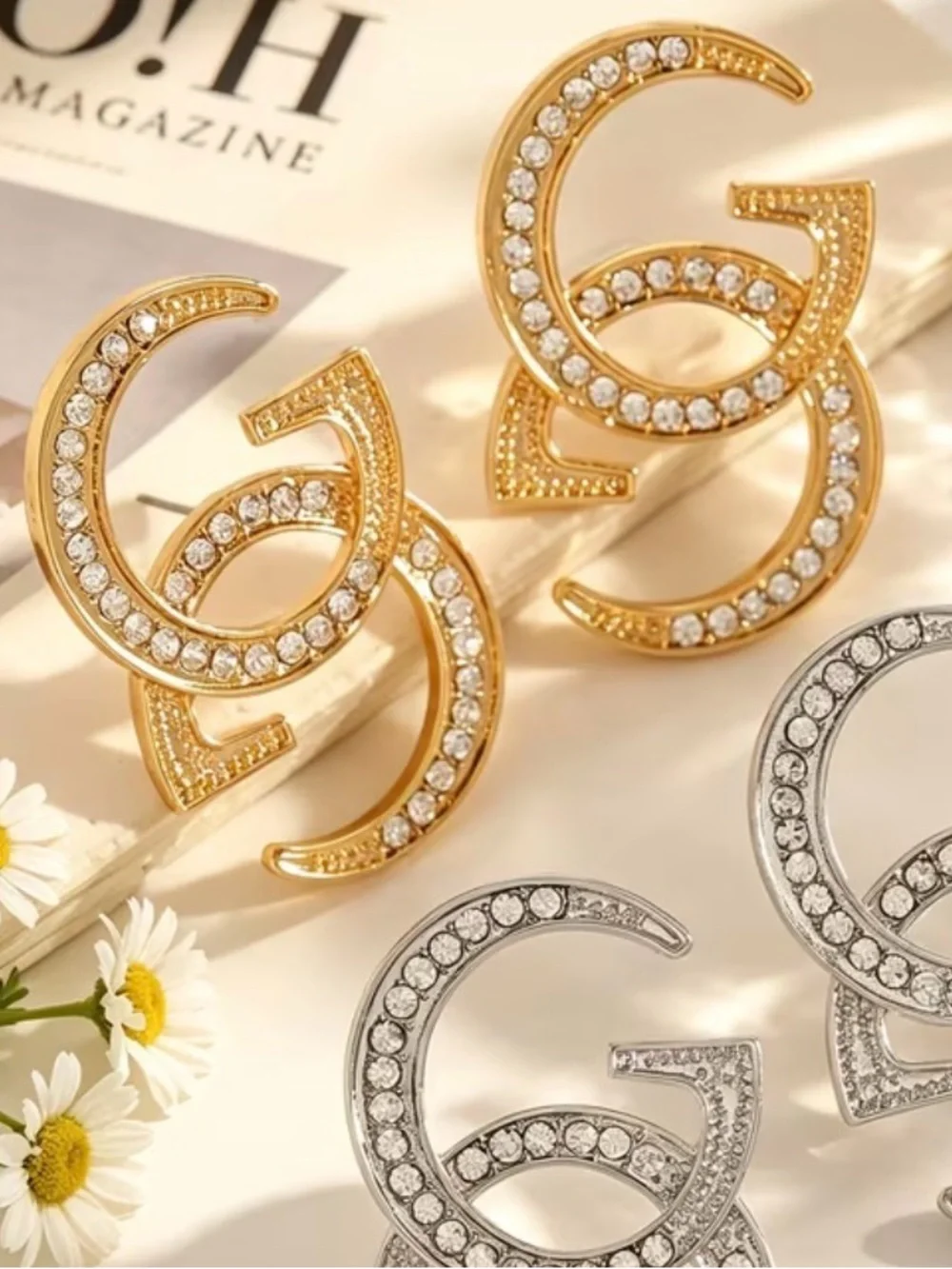 Crystal-Embellished Gold Double G Hoop Earrings